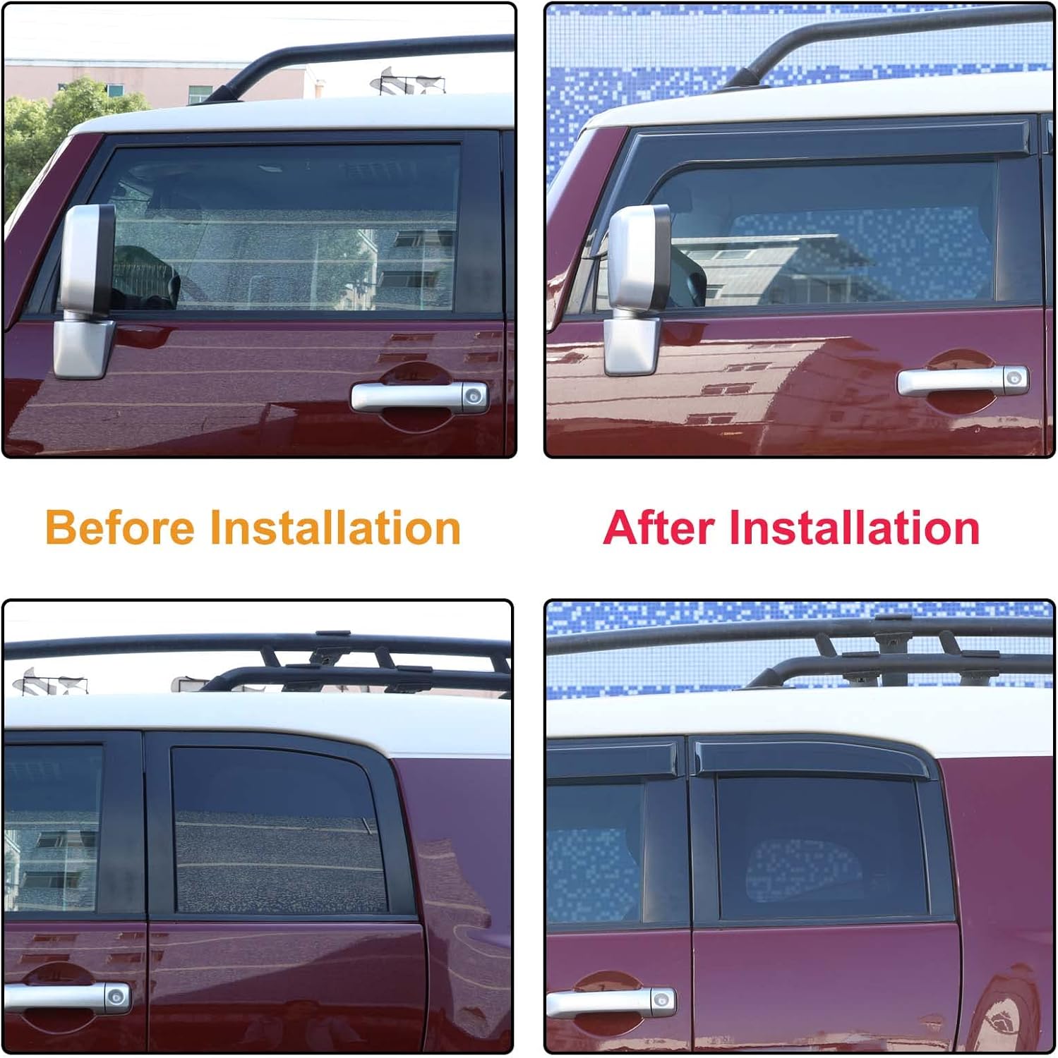 Car Side Window Rain Guards Visor Deflectors Compatible with Toyota FJ Cruiser 2007-2021 Car Front Rear Channel Window Rain Guard Visor Weather Shield Deflector Vent Door Visor Trim Cover Accessories