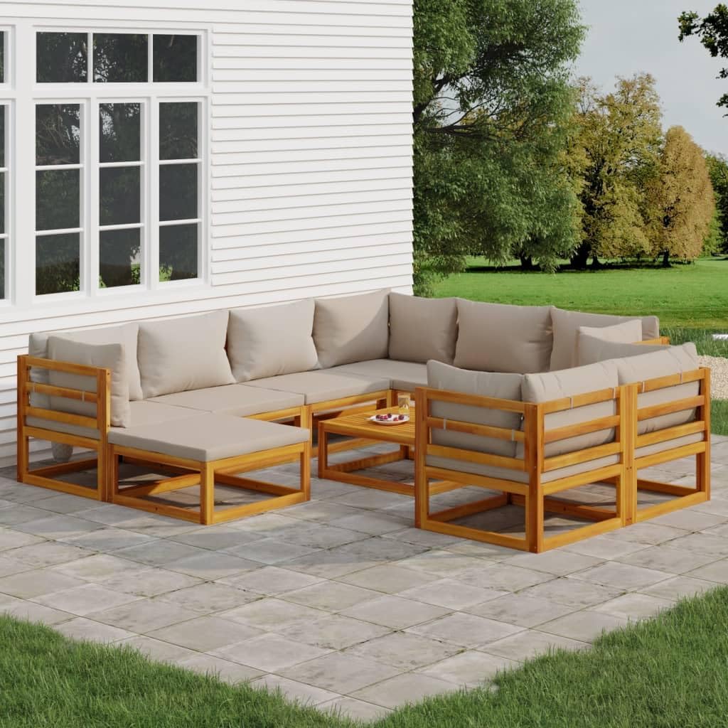 10 Piece Patio Lounge Set with Light Gray Cushions Solid Wood,Elegant Acacia Wood Modular Patio Lounge Set with Cushions for Outdoor Comfort Patio Furniture Sets, Outdoor Furniture Sets
