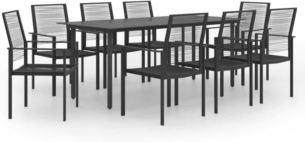 9-Piece Rectangular Garden Dining Set, Black Powder-Coated Steel Frame, Synthetic Glass Top, Large Patio Furniture for 8 People, Outdoor Table and Chairs