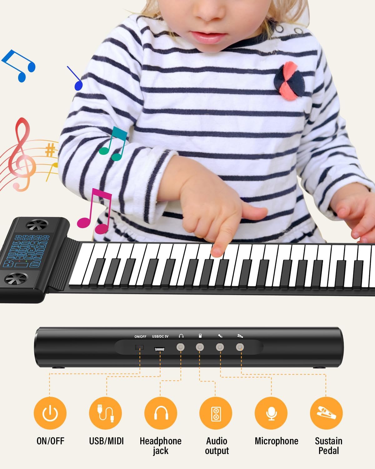 KONIX 61 Keys Roll Up Piano, Upgraded Hand Roll Portable Piano for Beginner with Bluetooth/MIDI,Environmental Silicone Roll Out Piano Keyboard, Best Christmas Birthday Gift