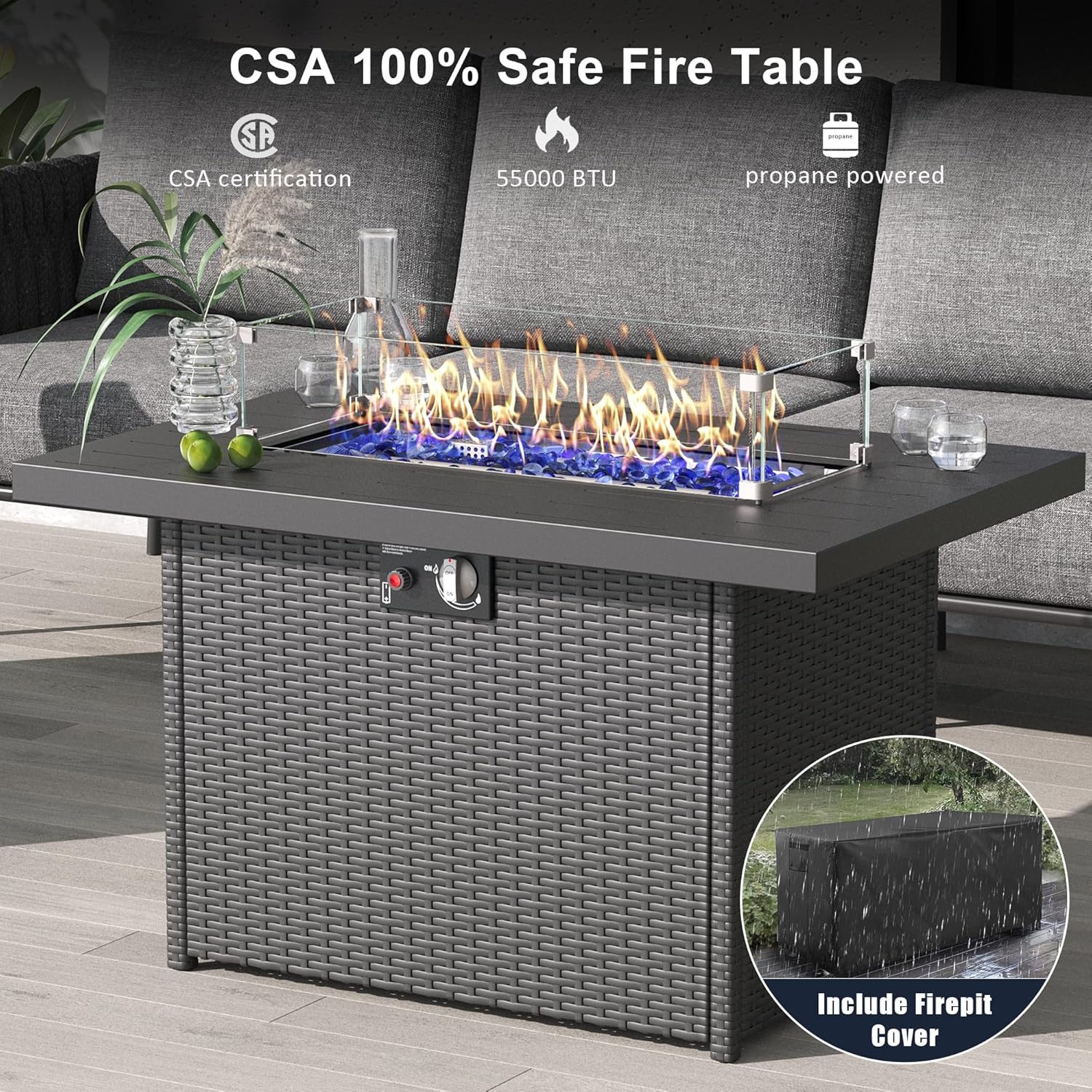 LayinSun 7 Piece Outdoor Furniture Set with Fire Pit Table, Modern Rope Woven Patio Conversation Sofa Set with Olefin Braid and Deep Seating