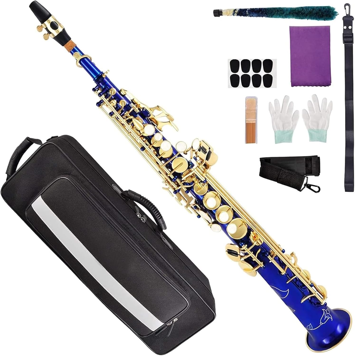 Bb Straight Saxophone Brass Gold Lacquer - Beginner To Intermediate Musical Instrument with Case & Accessories (Blue,Gold,Nickel)