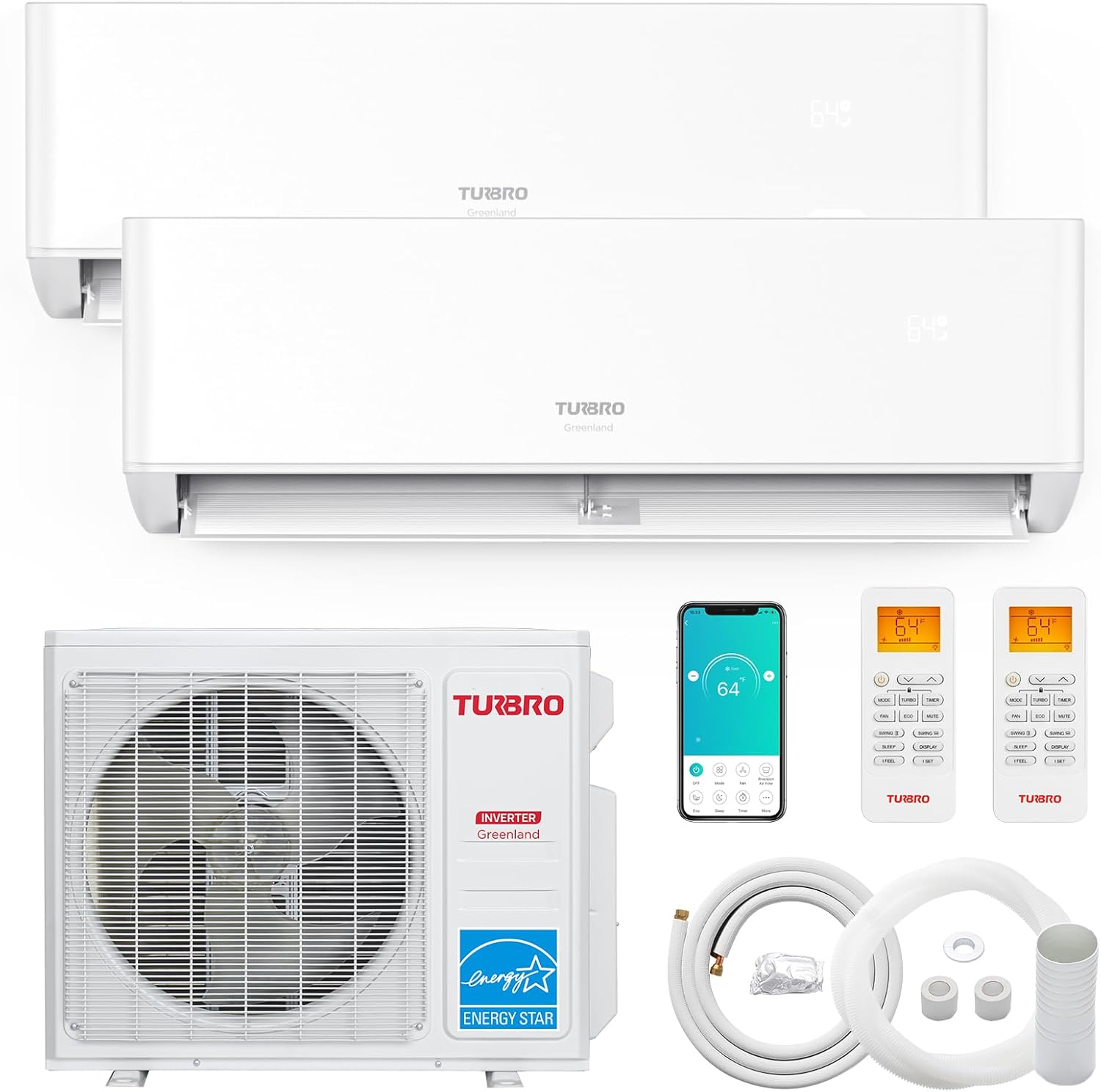 TURBRO 18,000 BTU Dual Zones Mini Split AC/Heating System, R454B, Ductless Multi Zones Inverter Mini Split Air Conditioner with Heat Pump, 22 SEER2, WiFi Enabled, Greenland (9K+9K), 230V