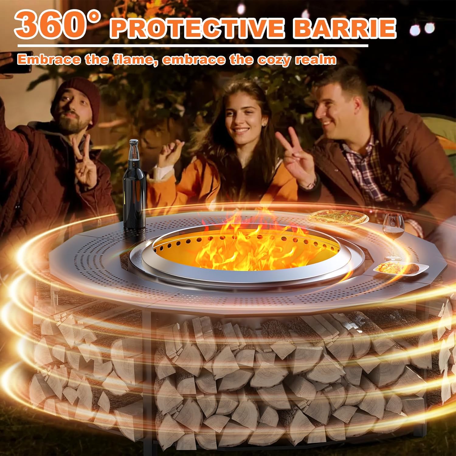 48'' Fire Pit Surround Tabletop with Cover for Solo Stove Bonfire Yukon and Tiki, Surround Table with Firewood Storage Shelf Expands Large Space