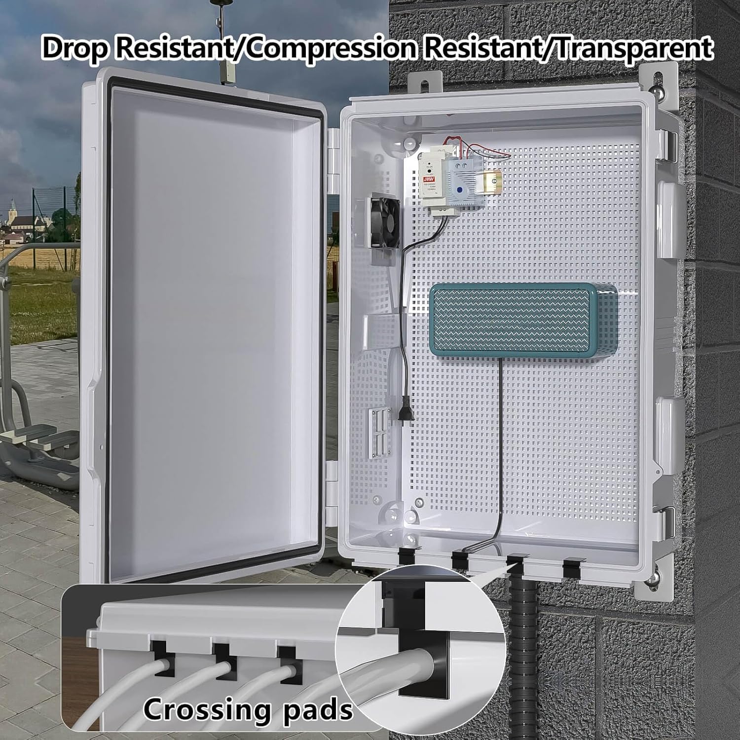 Outdoor Electrical Box with Thermostat and Fan, Ventilated Design, Cable Grommets, Indoor/Outdoor Use with Mounting Panel. (Grey Cover, 19.7