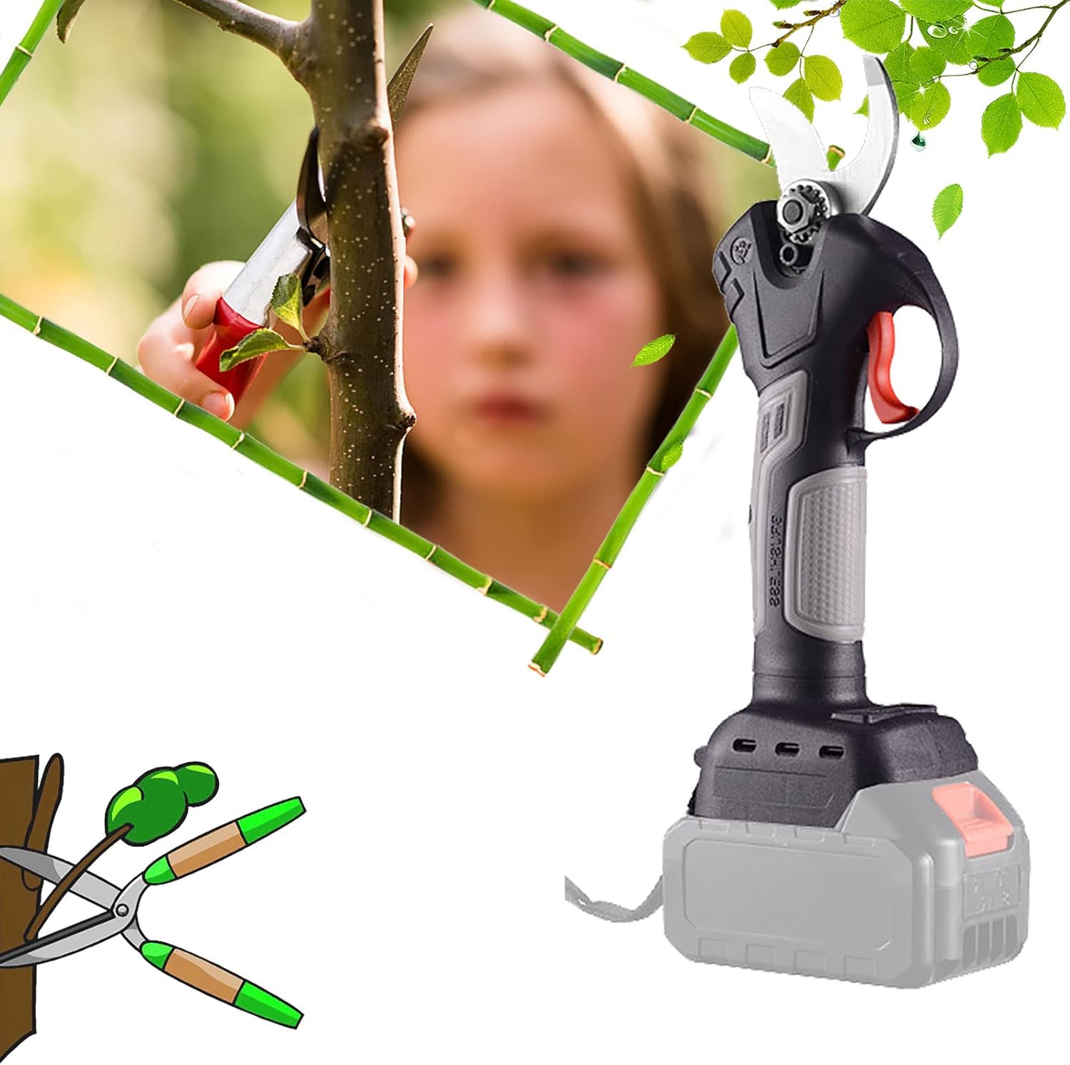 Electric Cordless Pruning Shears Electric Garden Shears Electric Scissors, 4 Gear Garden Fruit Tree Pruning Power Tool Branch Cutter, Secateurs 0~30mm for Garden/Patio Set1 black2