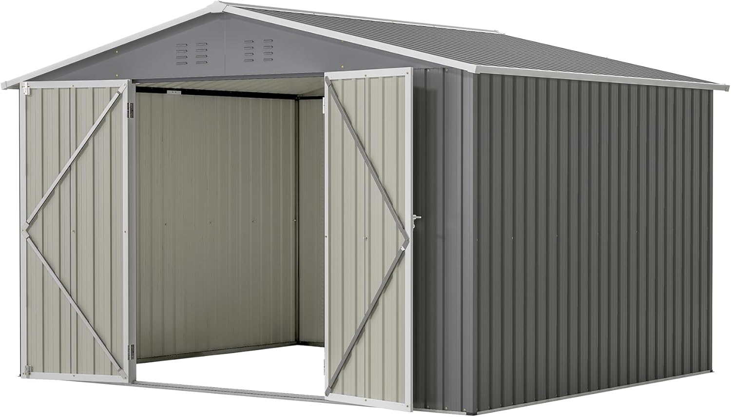 10X8 FT Outdoor Storage Shed, Lockable Metal Garden Shed with Sloped Roof & Air Vents, Tool Shed Tiny House Vertical Outside Storage Building for Backyard, Gray