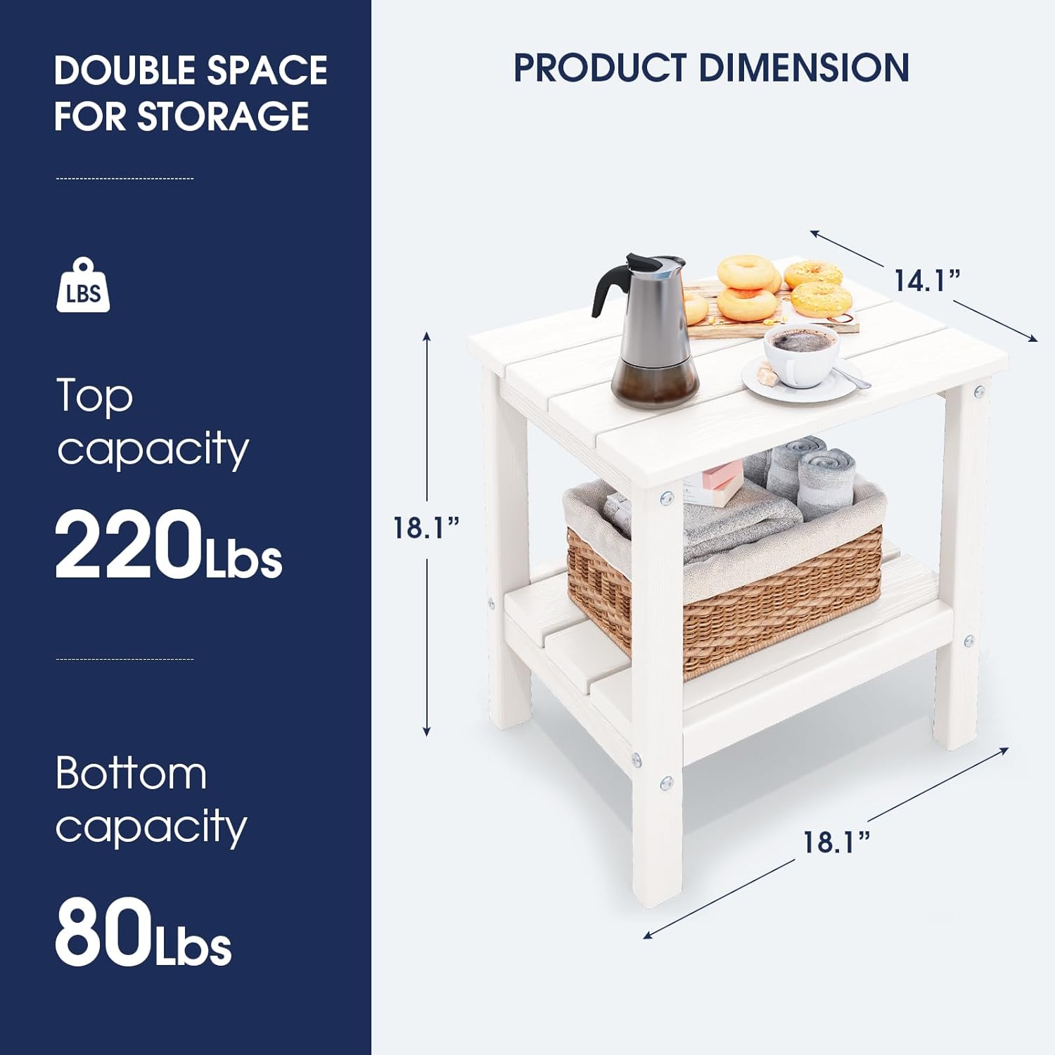 KINGYES Outdoor Side Table Set of 2, Double Layer Adirondack End Table- White