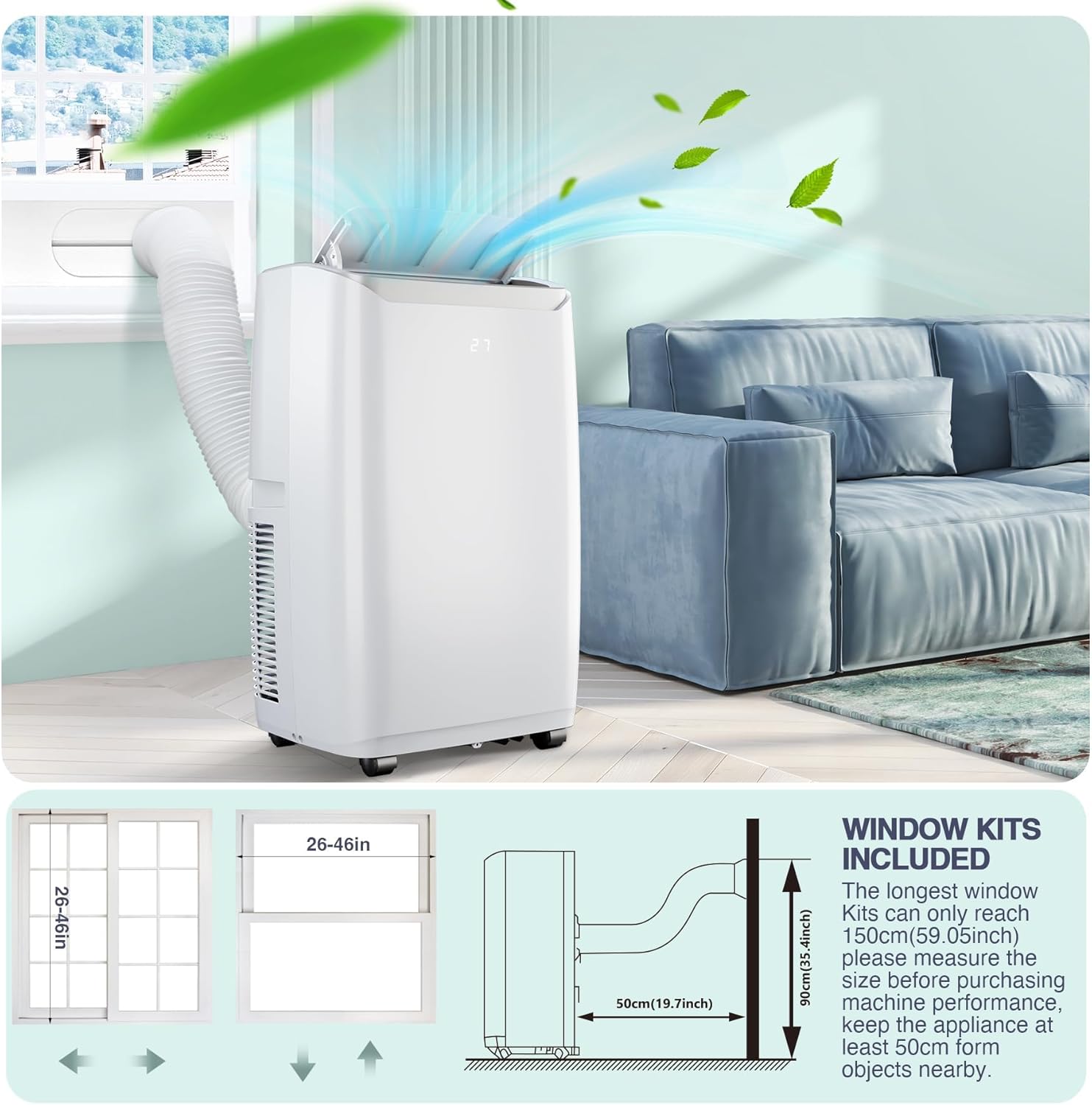 12000 BTU Portable Air Conditioner Cools up to 550 Sq.Ft, 3-in-1 Quiet Portable AC Unit with Remote Control & Installation Kits for Large Room, 3 Speed, Auto Swing, 24H Timer