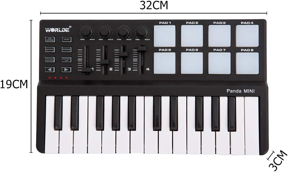 Mini 25-Key Midi Keyboard Controller With 8 Velocity-Sensitive Drum Pads, Portable USB Audio Interface With Assignable Knobs & Sliders For Music Production
