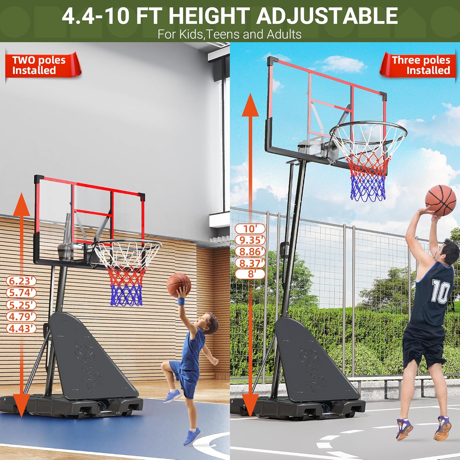 VIWAT Basketball Hoop Outdoor 4.4-10FT Adjustable Kids Basketball Hoop Indoor Basketball Goal 45’’PC Shatterproof Backboard Portable Toddler Basket Ball Hoop for Kids/Adult Basketball Accessories Net