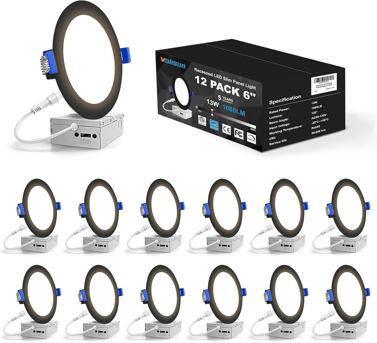 VOLISUN 12 Pack 6 inch Recessed Lighting, 5CCT LED Recessed Light Black, 2700K-5000K Selectable, 13W Eqv 120W, 1080LM Dimmable Canless Wafer Downlight, LED Ceiling Light ETL Certificated