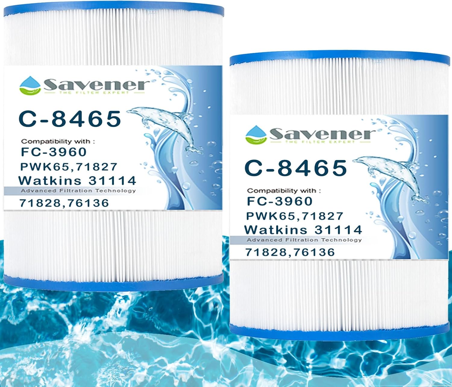 Savener® C-8465 Hot Tub Spa Filter Cartridge, Replaces Watkins 31114, Hot Springs 71827/71828, Caldera 76136, Unicel C-8465, PWK65, Filbur FC-3960, 08020, 65 Sq. Ft, 2 Pack