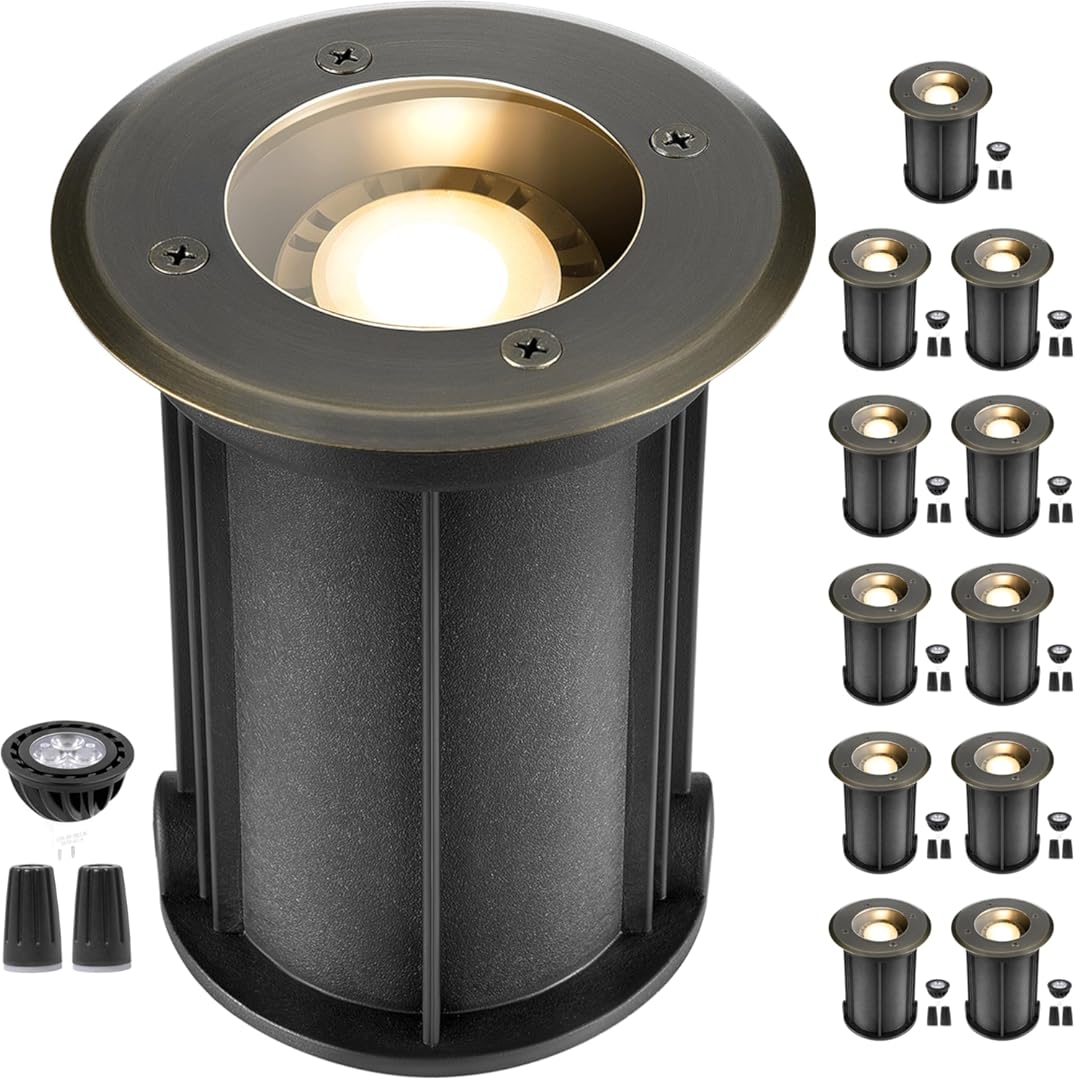 Gardenreet Solid Brass Well Light - LED 12V All Weather In-Ground Low Voltage Landscape Lighting, Replaceable Bulb Fixture, Antique Bronze for Backyard Pathway Patio with 2700K Warm White MR16 Bulb