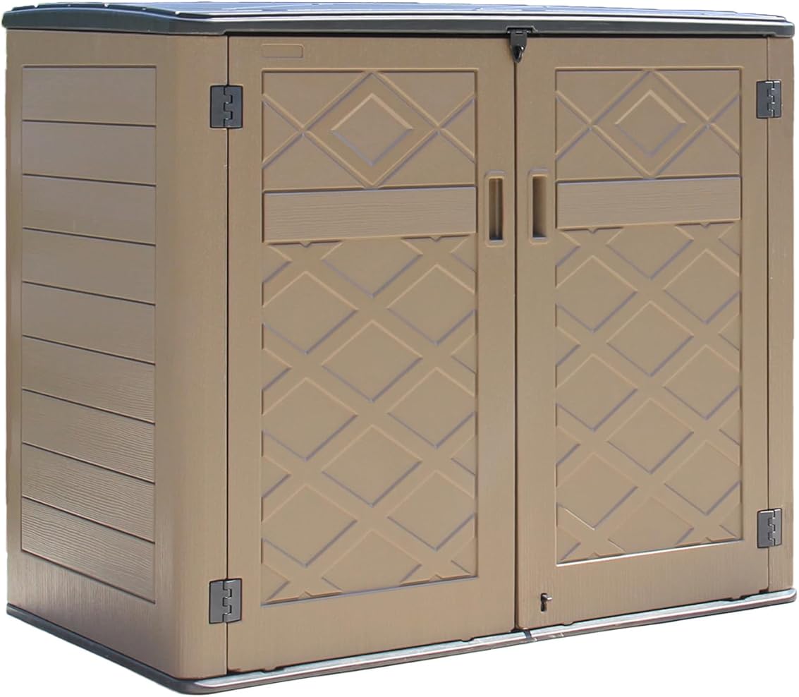 HOMSPARK Storage Shed Weather Resistance, Multi-Purpose Outdoor Storage Cabinet for Backyards and Patios, Horizontal Storage Shed for Lawnmower, Patio Accessories (Coffee,Large - 48 cu.ft)