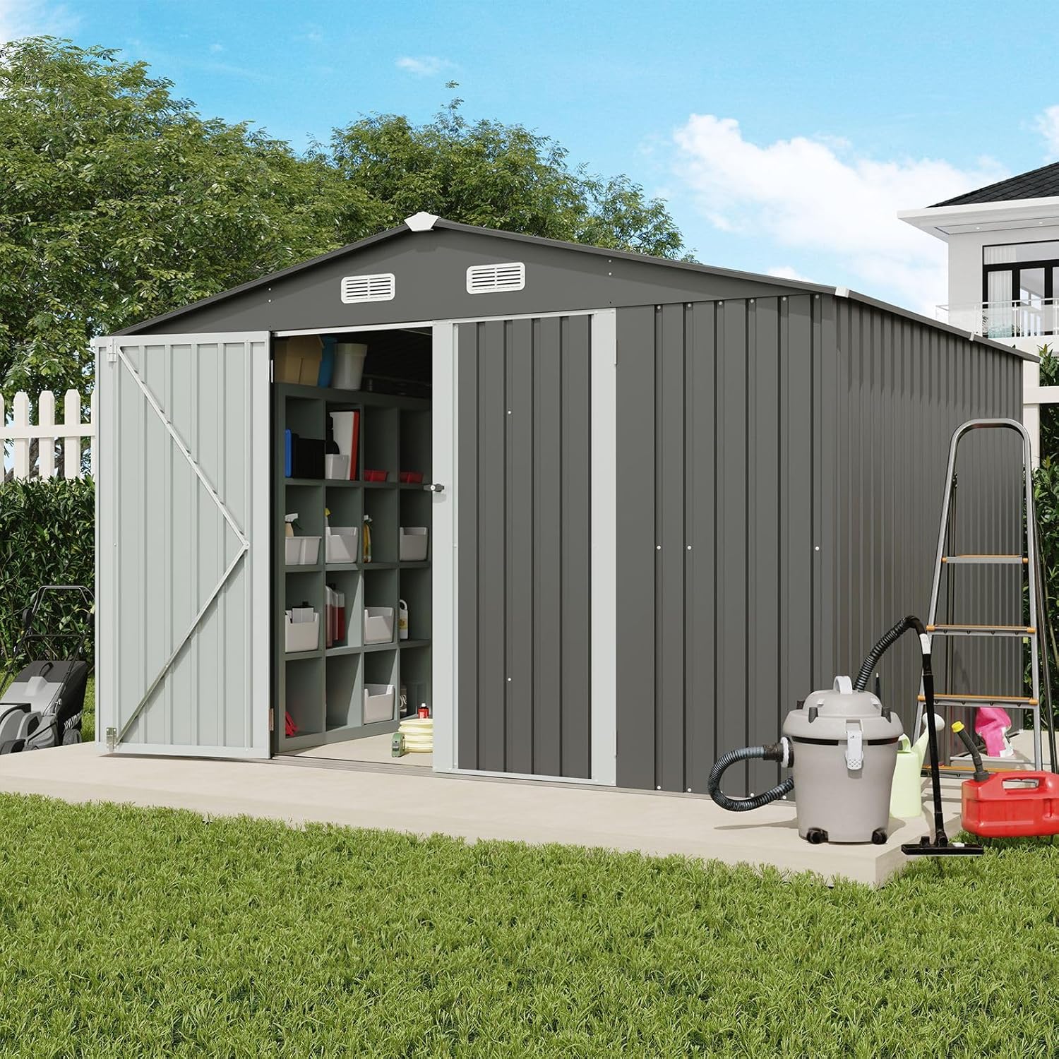 Verano Garden 10x8 FT Outdoor Storage Shed, Galvanized Steel Metal Garden Shed, Double Door W/Lock, Outdoor Storage Tool House for Backyard, Patio, Lawn