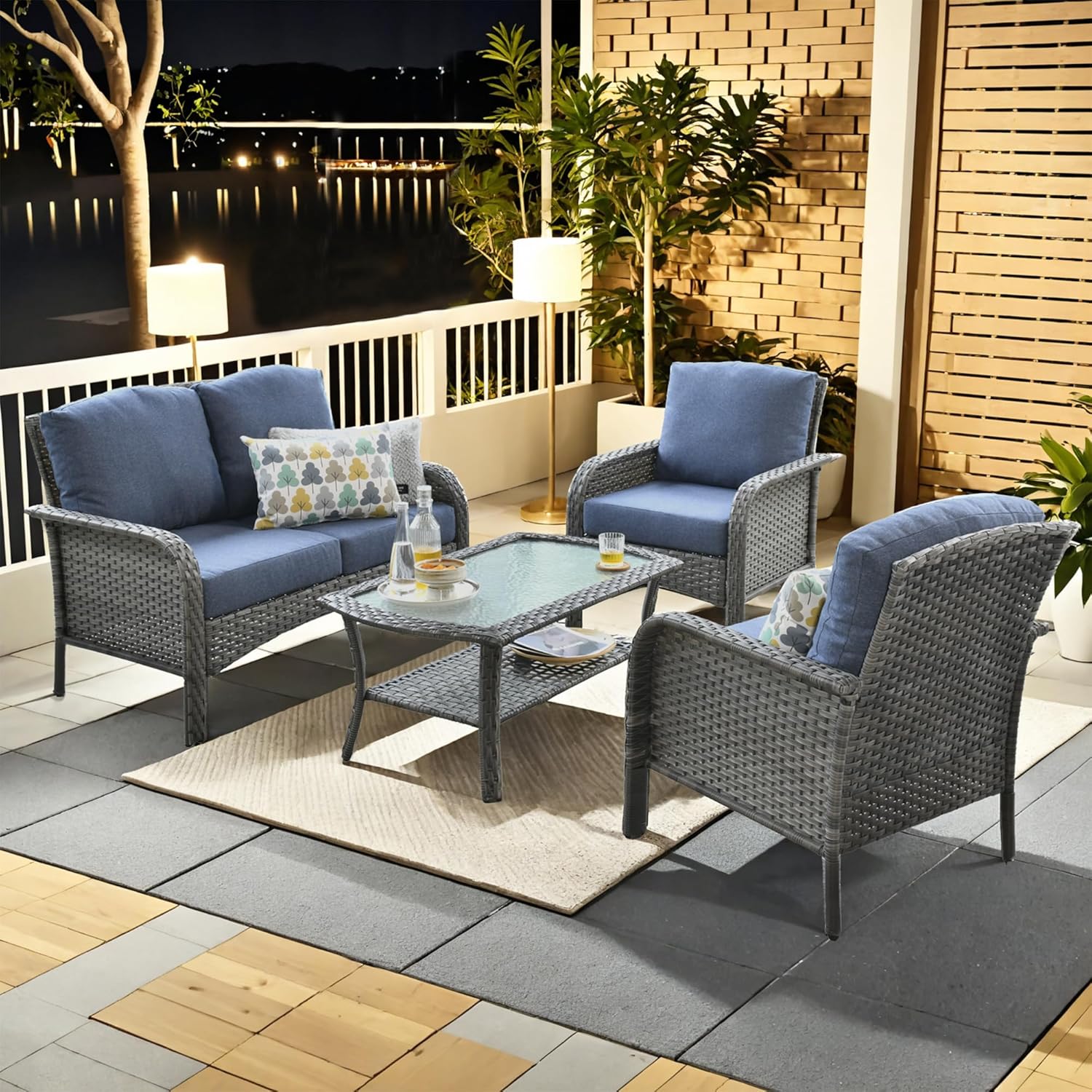 4-Piece Outdoor Patio Conversation Set, Backyard Furniture w/Loveseat, Coffee Table, Wicker Frame - Gray/Blue