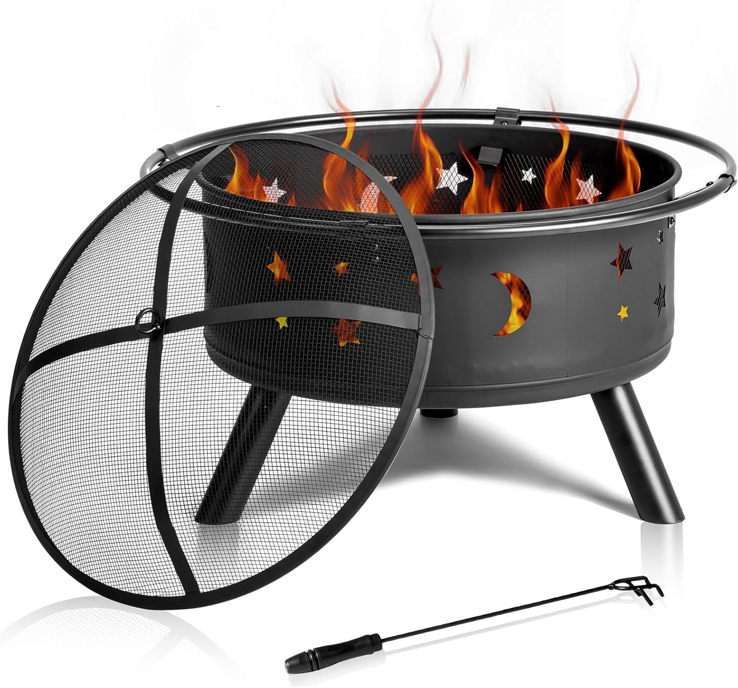30 Inch Fire Pit, Wood Burning Fire Pits for Outside with Spark Screen and Poker, Outdoor Firepit, for Backyard, Porch, Camping, Picnic, Heating (Black)