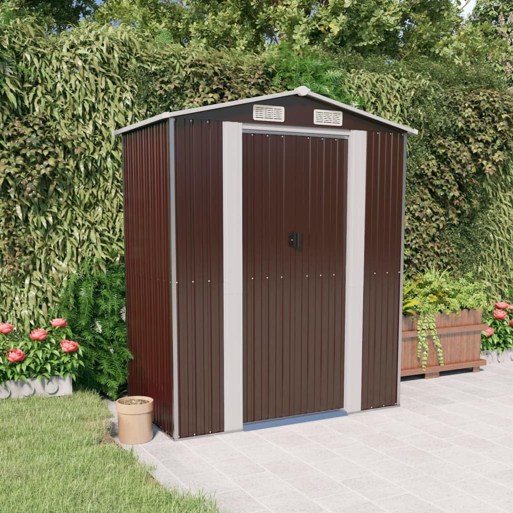 Large Dark Brown Galvanized Steel Garden Shed 75.6 x 75.6 x 87.8 in Outdoor Storage Shed with Sliding Bolt Lock Ventilated Design for Backyard Garage and Patio Use