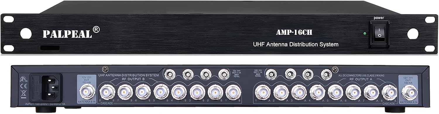 AMP-16CH 16 Channels UHF Wireless Antenna Power Distribution System,14 Outputs + 2 Cascade Ports,Microphone Antenna Splitter,Antenna Amplifier,Signal Amplifier for Wireless Microphone