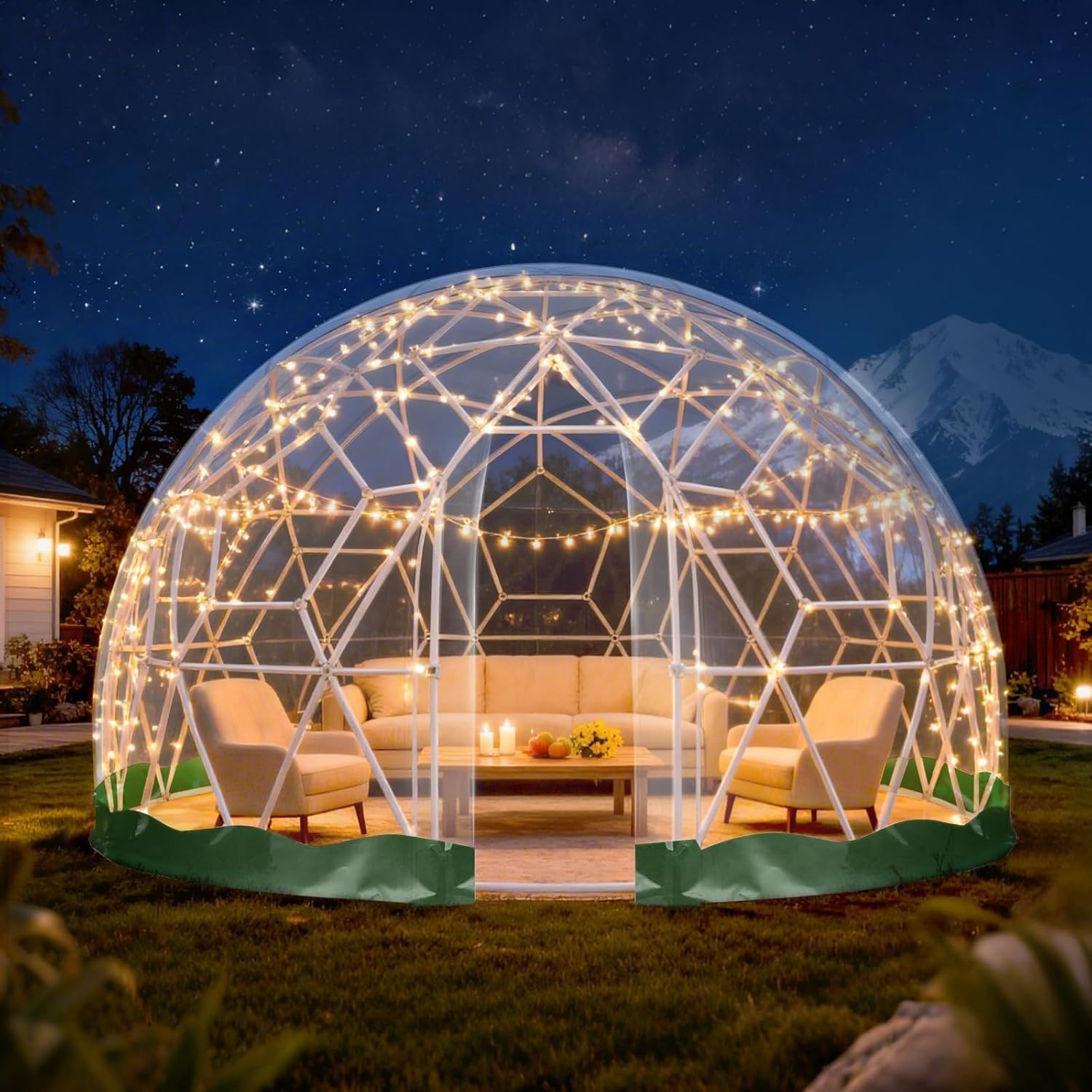 12 * 7.2FT Garden Dome Tent with 2*Lights, Upgraded Weatherproof Garden Geodesic Dome Greenhouse Bubble House Camping Tent with Transparent TPU Cover for 2-6 Person, Outdoor, Green