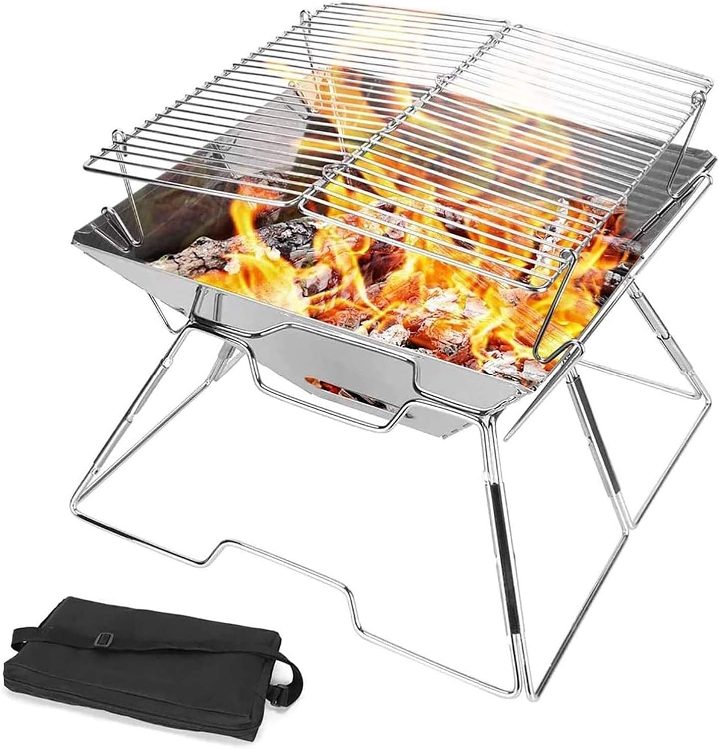 Fire Pits Outdoor Wood Burning Portable Fire Pit, Folding Outdoor Camping Stainless Steel Barbecue Grill Outdoor BBQ Charcoal Stove for Garden Camping with Cover BBQ Cooking for Outside Camping Backya