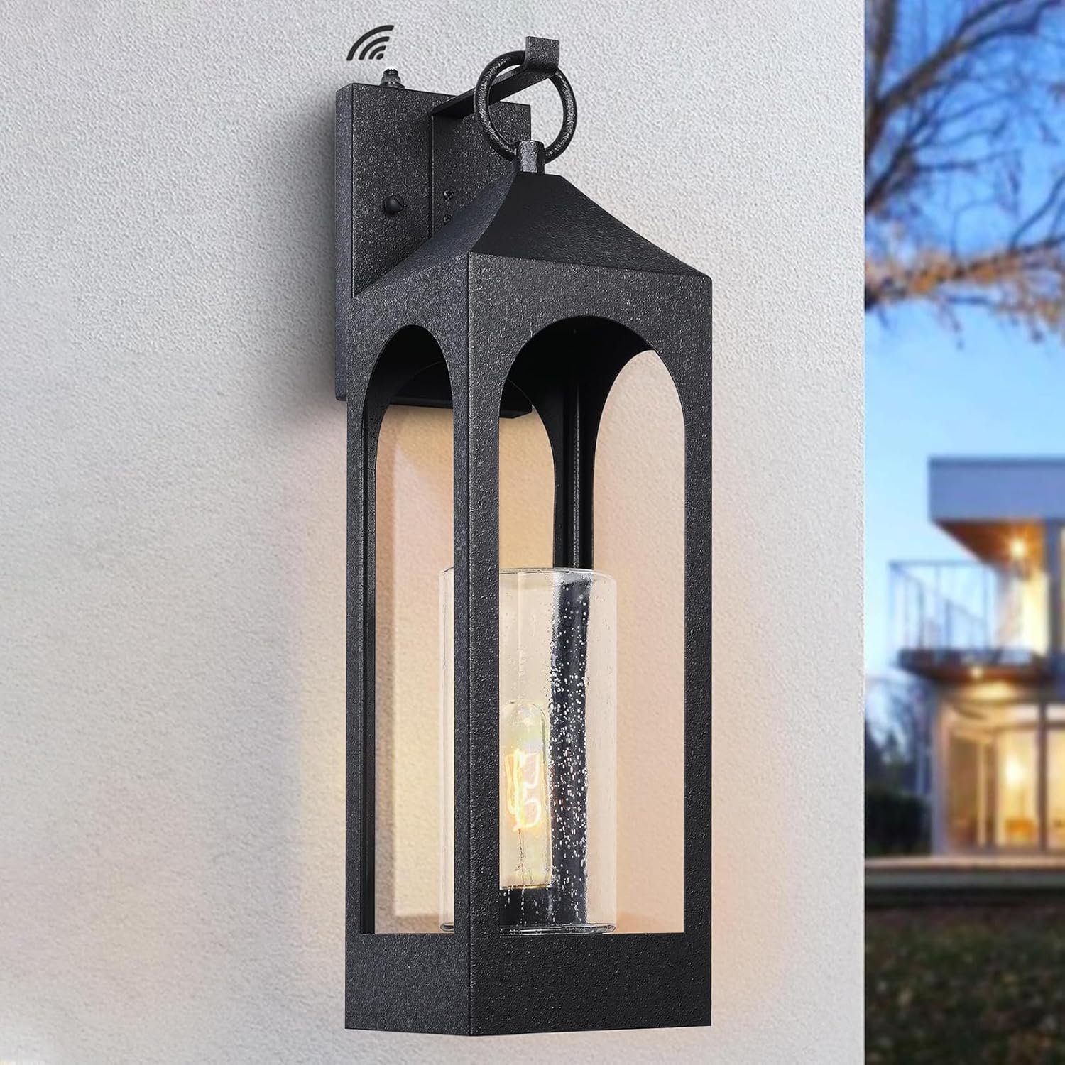 LamQee 20 Inch Dusk to Dawn Outdoor Wall Lights, Large Exterior Lighting Fixtures with Seeded Glass, Textured Black Modern Outdoor Sconces Wall Mount Lantern for House Porch Patio Garage Front Door