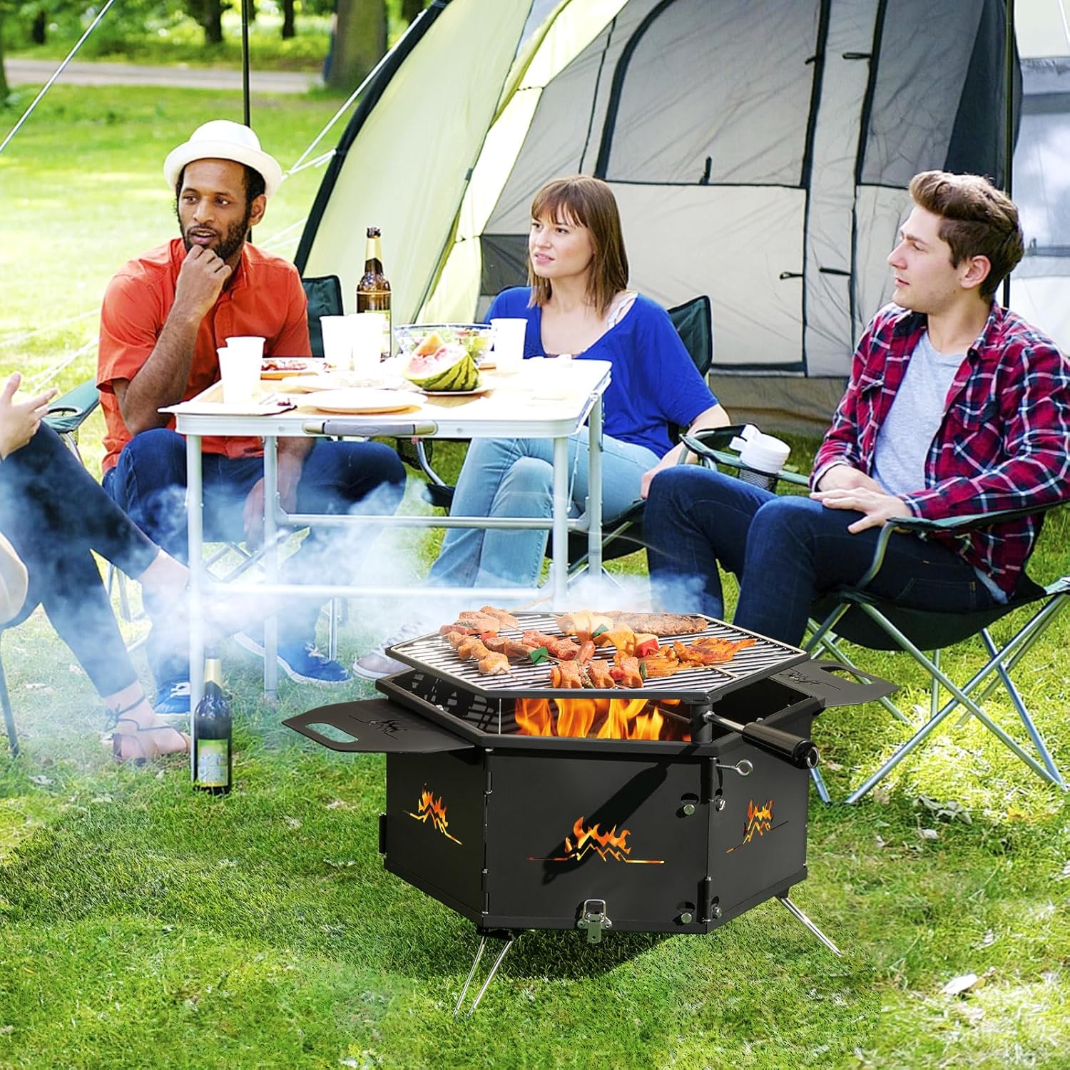 Giantex Fire Pit Grill, Outdoor Fire Pit with Removable 360° Swivel Cooking Grate, Collapsible Fire Bowl, Foldable Legs, Wood Burning BBQ Fireplaces Campfire Grill for Backyard Patio Picnic