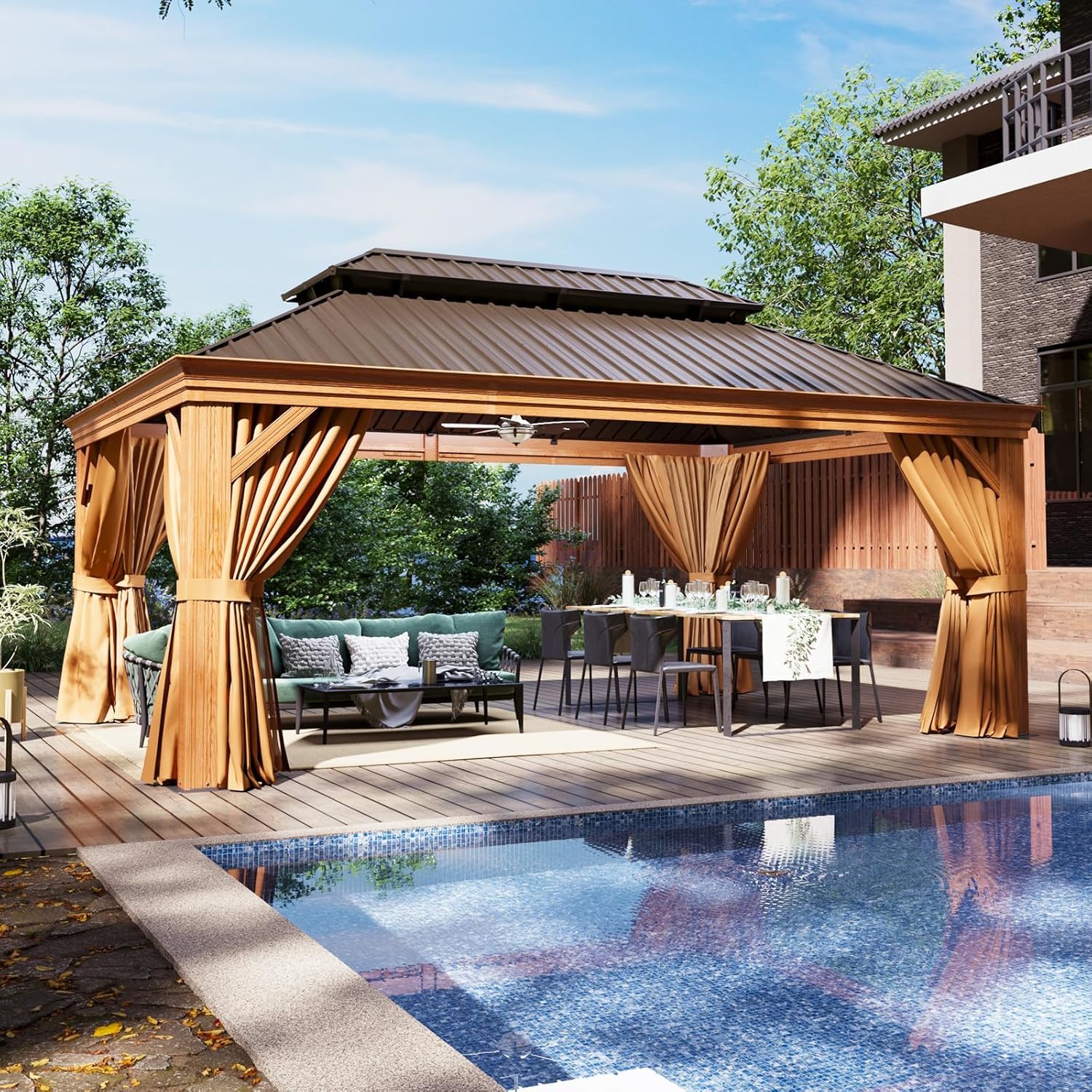 Aoxun Hardtop Gazebo, 12 x 16ft Wooden Finish Coated Aluminum Frame Canopy, Galvanized Steel Double Top, Outdoor Permanent Metal Pavilion with Curtains and Netting, for Backyard, Patio and Deck