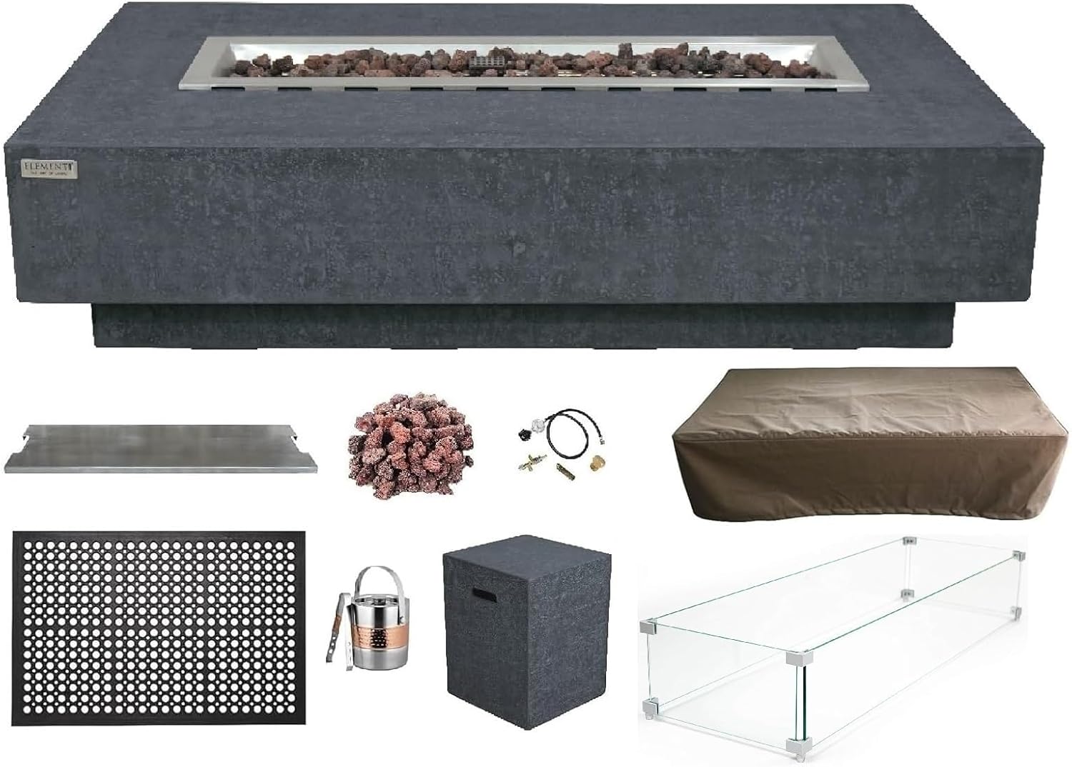 Elementi Hampton Gas Fire Pit Bundle Concrete Fire Table, Outdoor Fire Pit Electronic Ignition | Canvas Cover, Lava Rock Included | Free AMS Wind Guardt | Dark Gray (Propane Gas)
