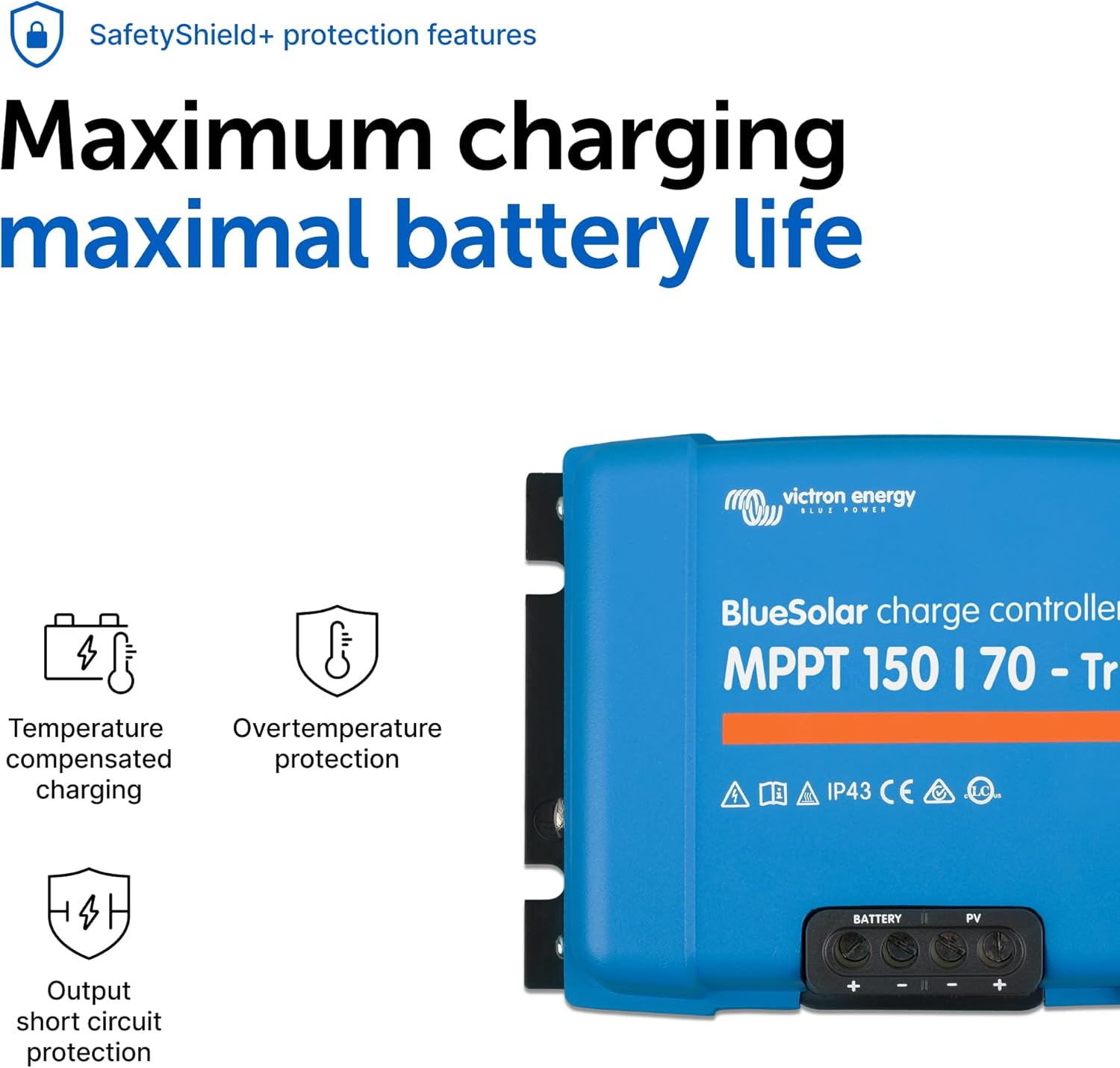 Victron Energy BlueSolar MPPT Tr Solar Charge Controller - Charge Controllers for Solar Panels - 150V, 70 amp, 12/24/36/48-Volt