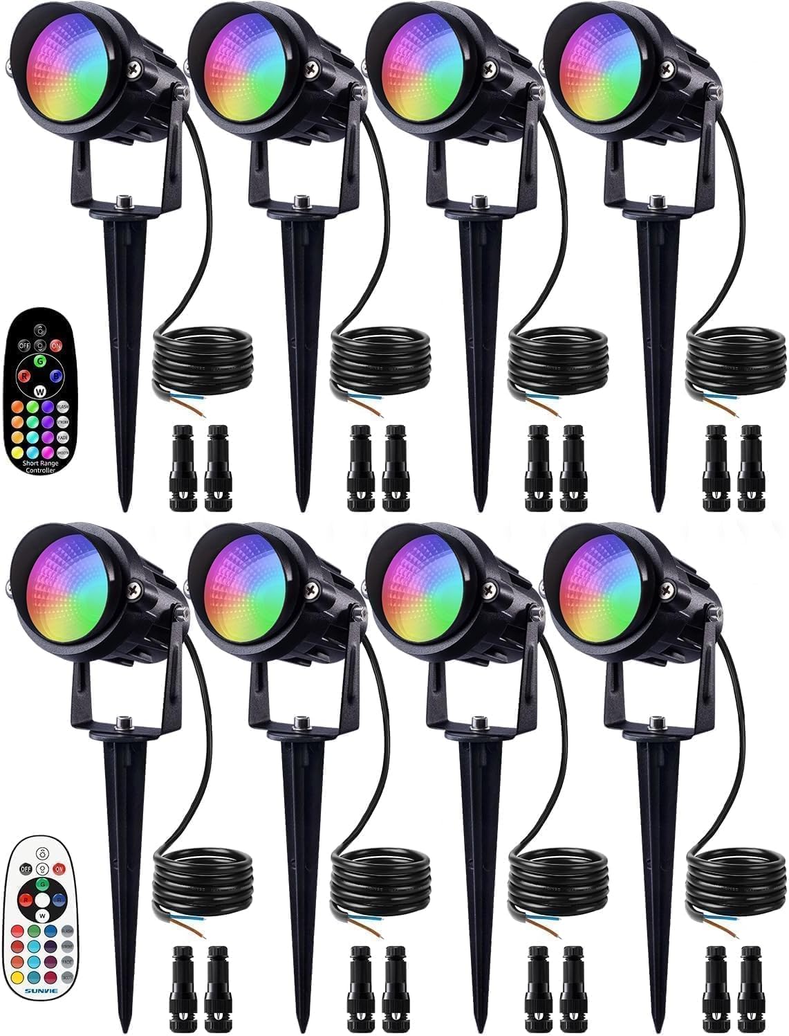 SUNVIE Christmas 12W RGB Color Changing Landscape Lights Low Voltage LED Landscape Lighting Remote Control Spotlight Waterproof Garden Pathway Christmas Decoration Outdoor, 8 Pack with Connector