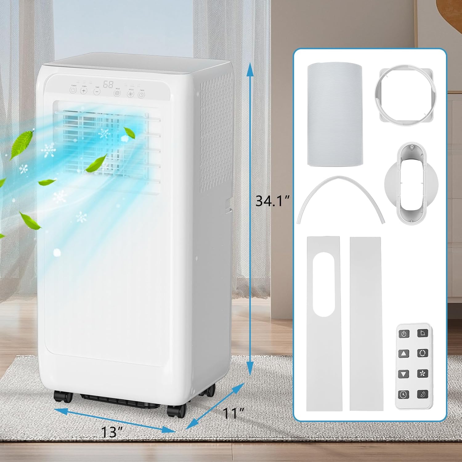 8000 Btu Portable Ac Units with Remote Control, Wheels, LED, Portable Air Conditioners for Rooms Up to 350 Sq Ft, Cool,Dehumidifier & Fan 3 Modes Air Conditioner, for Rooms/Office, White