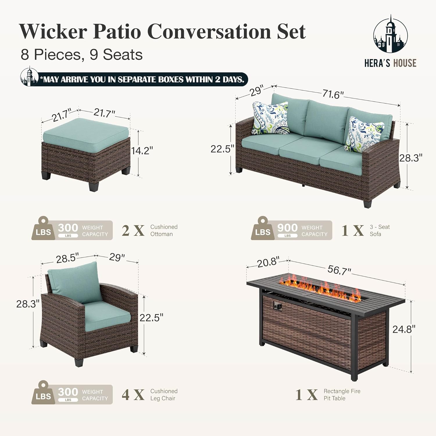 HERA'S HOUSE Patio Furniture Set with Fire Pit Table, Outdoor Wicker Furniture, All Weather Deep Seating Conversation Sofa Set, Brown Rattan Chairs for Deck Backyard, Blue