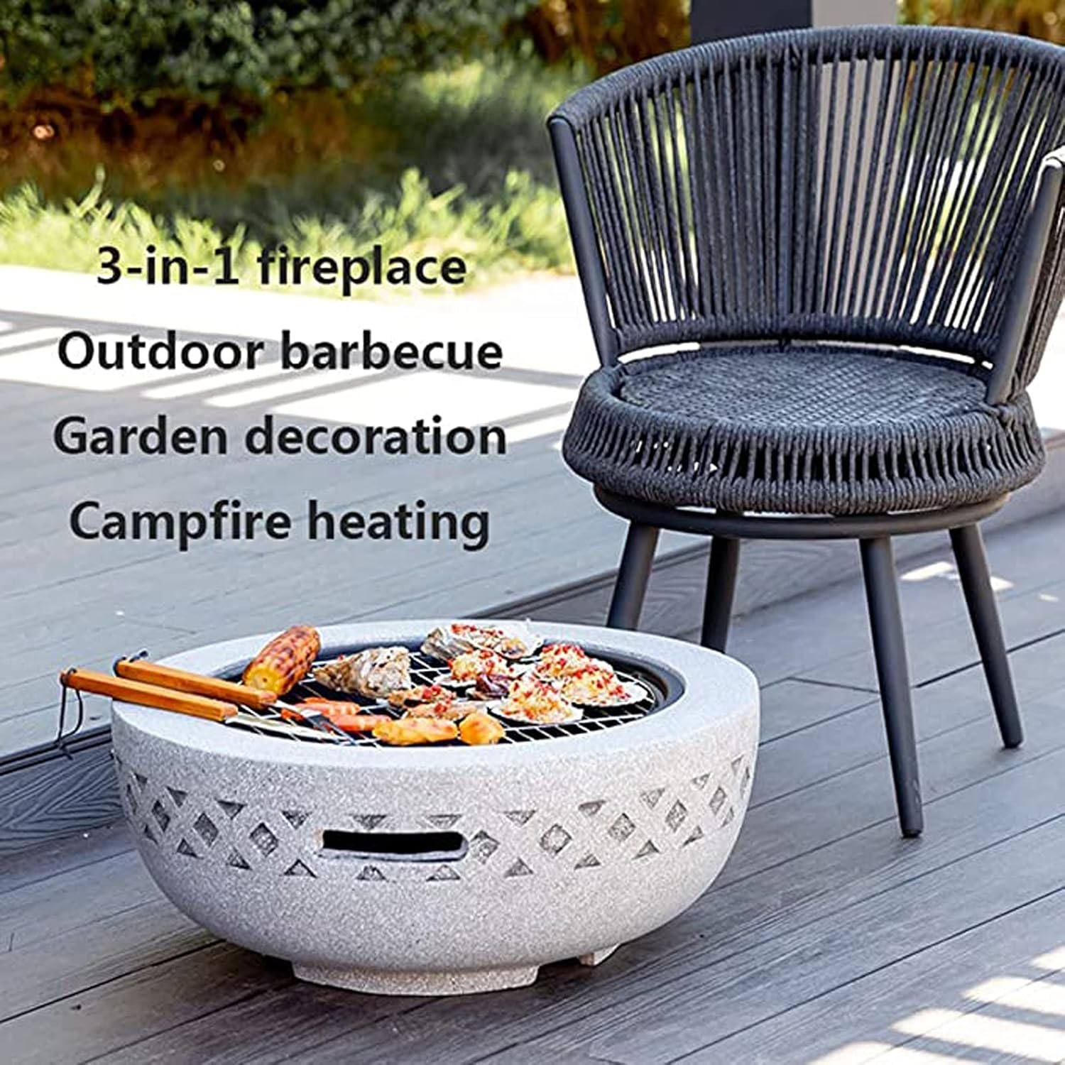Fire Pit Upgraded Large 3 in 1 Fire Pit with BBQ Grill Shelf, Fire Bowl Out of Steel with an Edging of Mgo Artificial Stone with Poker, Grill, Mesh Lid, Grate