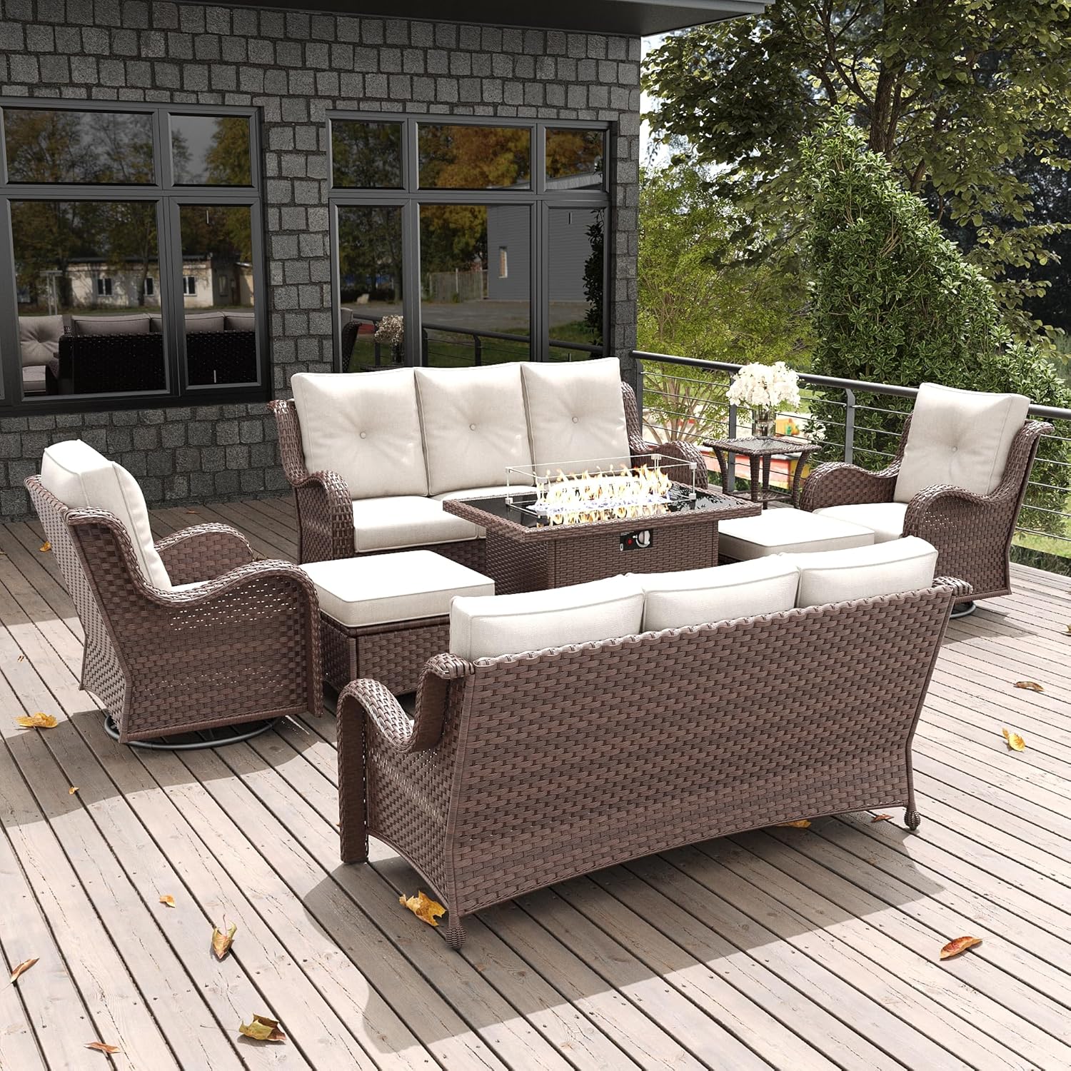 LayinSun 8 Pieces Outdoor Patio Furniture Set with Fire Pit Table, Rattan Wicker Sectional Swivel Rocker Chairs Sets with Ottomans, Swivel Glider Chair and Coffee Table