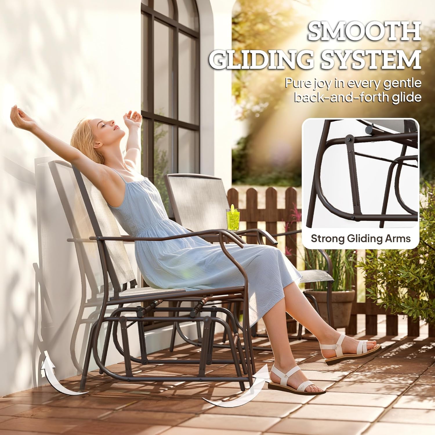 Outsunny Outdoor Glider Chairs with Coffee Table, Patio 2-Seat Rocking Chair Swing Loveseat with Breathable Sling for Backyard, Garden, and Porch, Light Brown