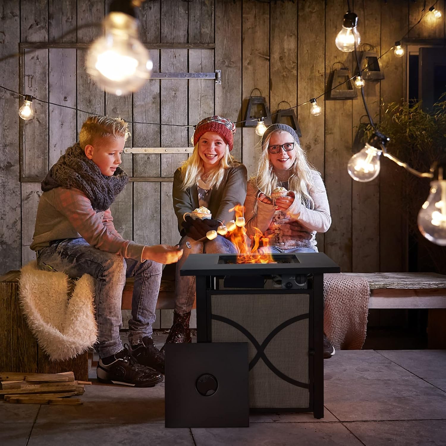 DORTALA 25'' Gas Fire Pit Table, 40,000 BTU Propane Fire Pit Table w/CSA Certification,Square Fire Table with Lid, Fire Glass and Adjustable Flame, Firepit for Patio Deck Backyard, Black & Natural