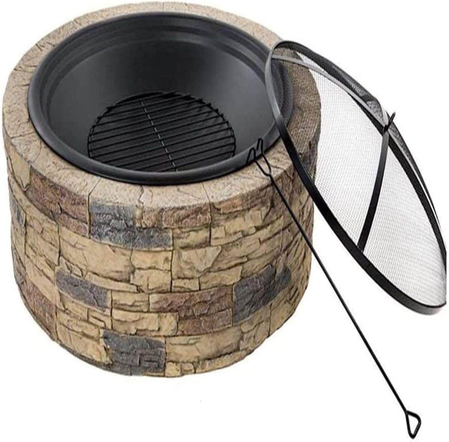 Fire Pit BBQ Grill Fire Bowl Round Charcoal Heating Brazier Imitation Stone Wood Grain Stove