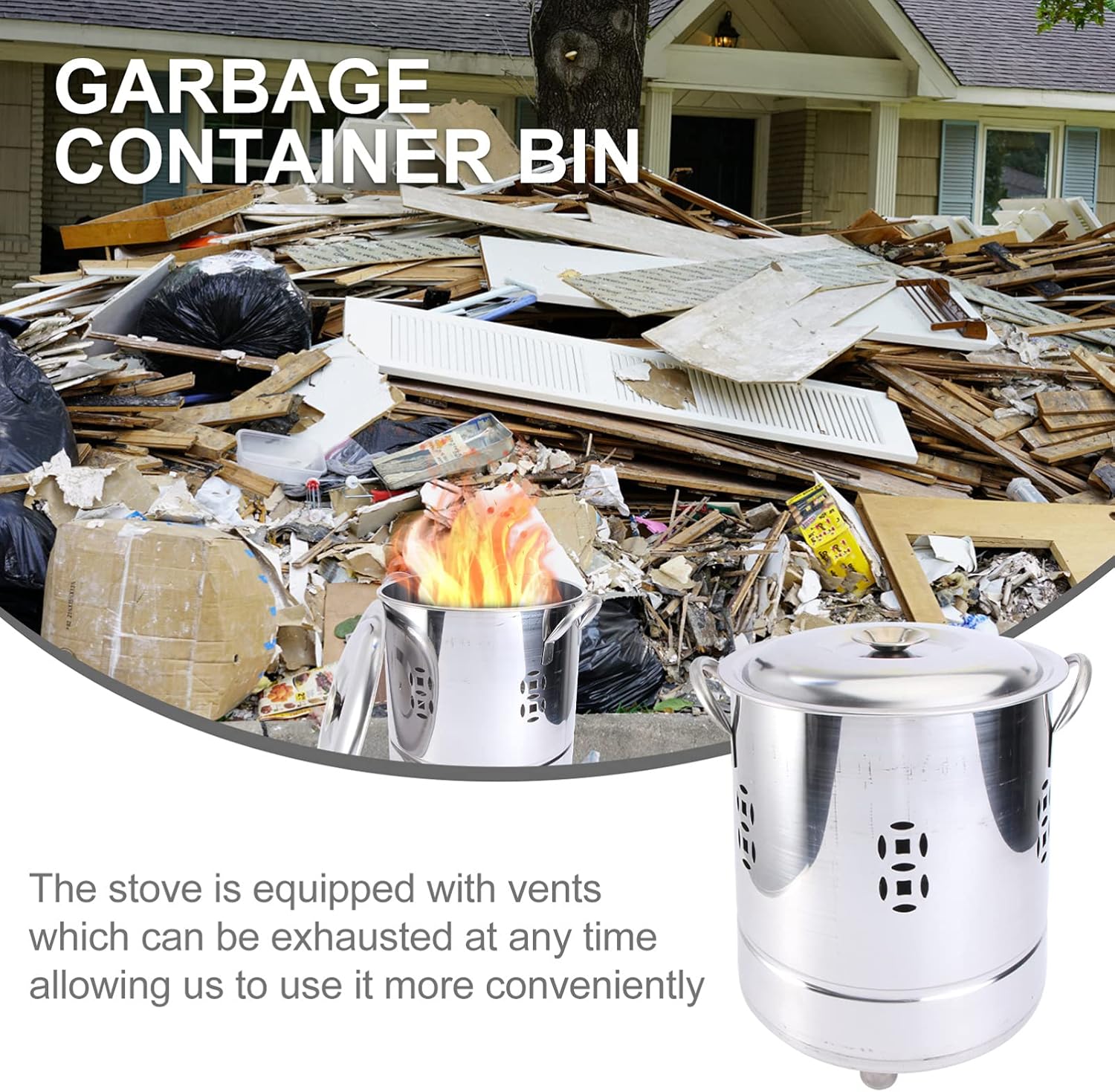 2Pcs Stainless Steel Burn Barrel Incinerator Cages Fire Pits with Double Handle Metal Garden Fire Cage Debris Burn Bin Pot for Wood Paper Leaf Trash Backyard Bonfire 30cm Silver