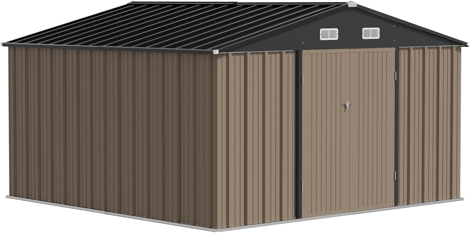 JUMMICO 10x10 FT Metal Outdoor Storage Shed,Waterproof Garden Tool Shed Storage House with Lockable Door for Backyard Patio Lawn, Brown
