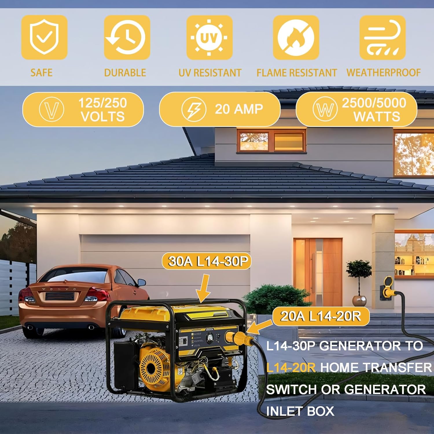 10ft Generator Transfer Switch Adapter Cord NEMA TT-30P to L14-30R and Generator Adapter NEMA L14-30P to L14-20R