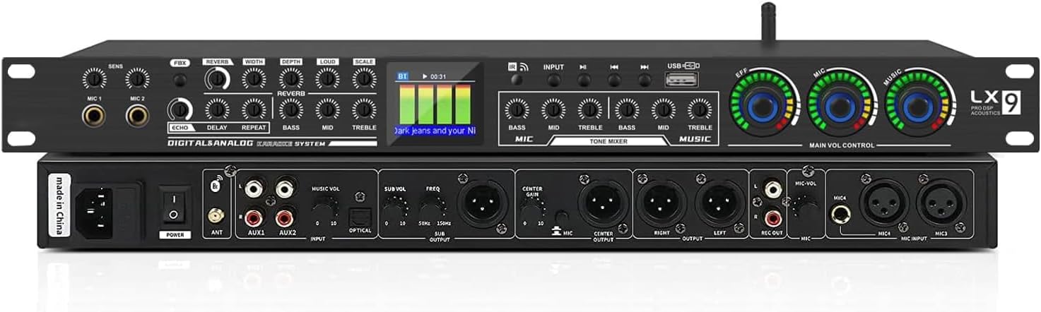 LX9 Professional KTV Digital Pre-stage Effector Anti-howling Audio Processor Echo USB MP3 Bluetooth Optical,5 Mic Inpout For Household Reverberator Karaoke,Stage,Church, Performance