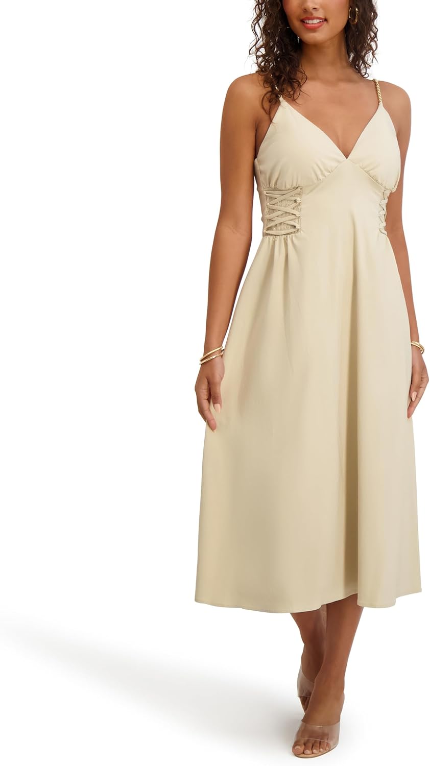 Siena Womens Sleeveless Triangle V-Neck Stretch Woven Midi Dress