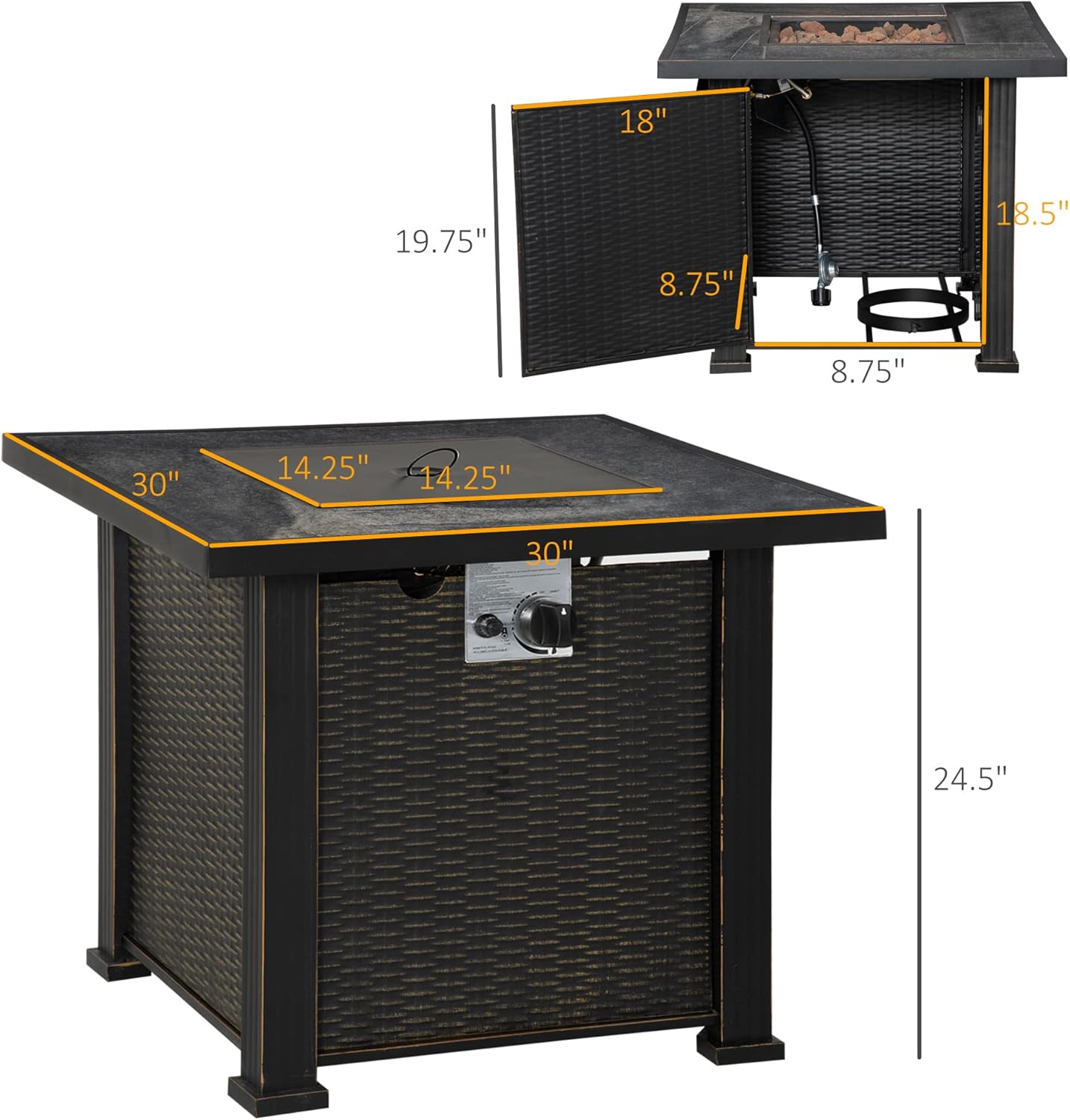 GOWE Outdoor Propane Gas Fire Pit Table, Auto-Ignition Square Wicker-Effect Gas Firepit with Ceramic Tabletop