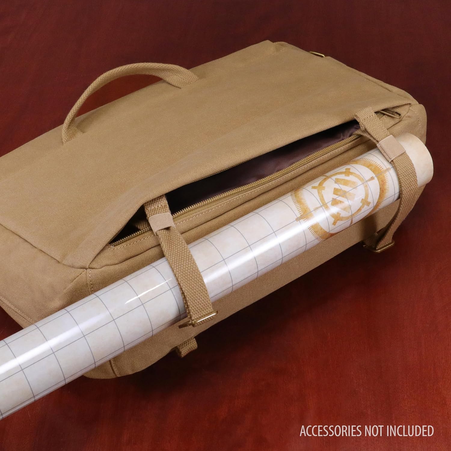 ENHANCE Venture DND Bag - Canvas RPG Player's Essentials Dungeons and Dragons Canvas Messenger Bag with Vegan Leather Accents Fits 2-4 Books, Dice & Accessories, with 17 inch Laptop Slot (Khaki)