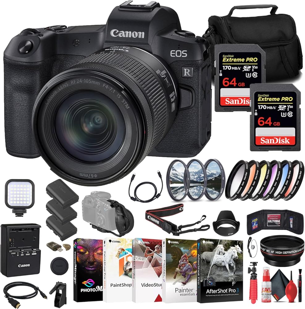 Canon EOS R Mirrorless Camera with 24-105mm f/4-7.1 Lens (3075C032) + 2 x 64GB Memory Card + Filter Kit + Wide Angle Lens + Color Filter Kit + Lens Hood + Bag + 2 x LPE6 Battery + More (Renewed)