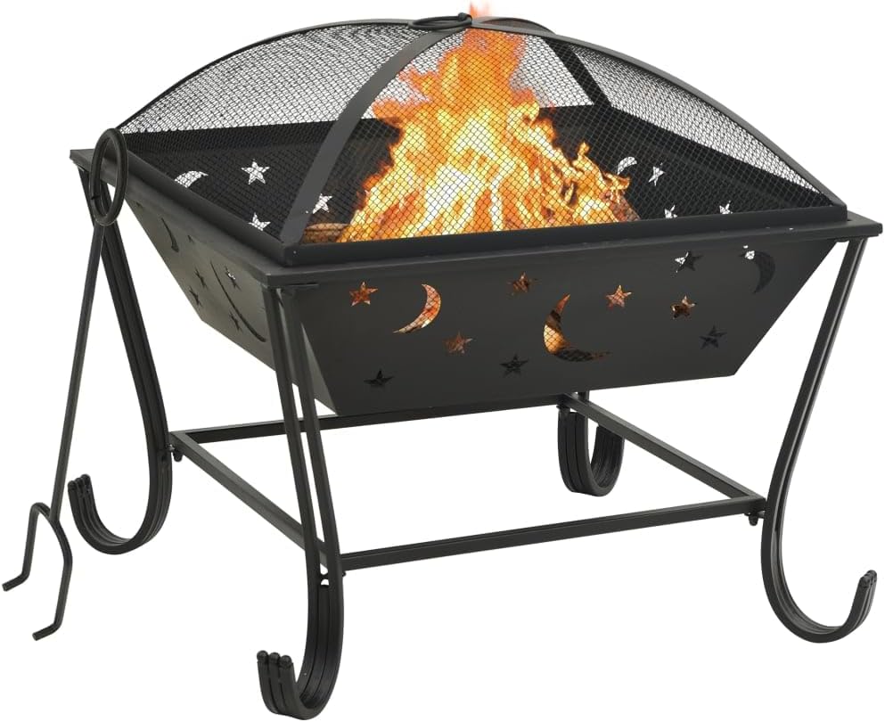 vidaXL XXL Steel Fire Pit - Outdoor Warming Solution with Mesh Cover, Poker & Convenient Ring Handle for Carriage - Atmospheric Black Exterior