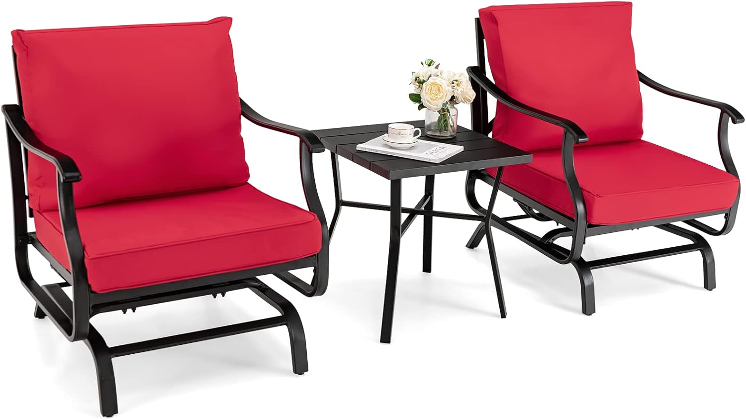 Giantex Bistro Set 3 Piece Outdoor Rocking Chairs Set, Patio Rockers Set with Coffee Table, Steel Construction, Slightly Glide Front Porch Furniture for Yard, Poolside Deck Chairs Set (Red)