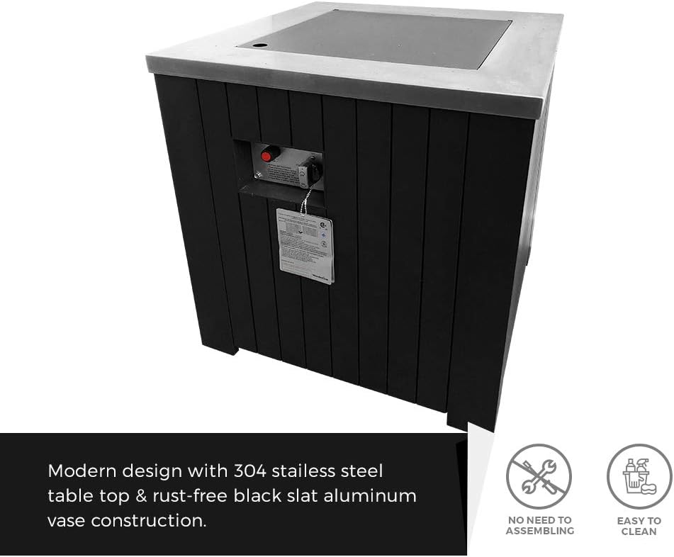 MASE 24-Inch Square Small Outdoor Patio Propane Gas Fire Pit Table.304 Stainless Steel Tabletop w/Arctic Ice Glass Rocks and Black Powder Coating Aluminum Body. No Assembly Required